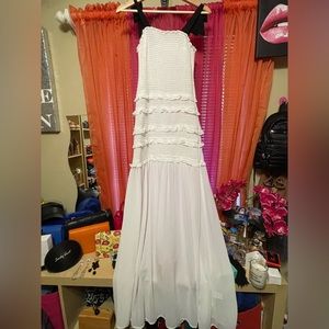 Skylar+Madison all white dress with black tie up shoulder straps. Medium maxi.